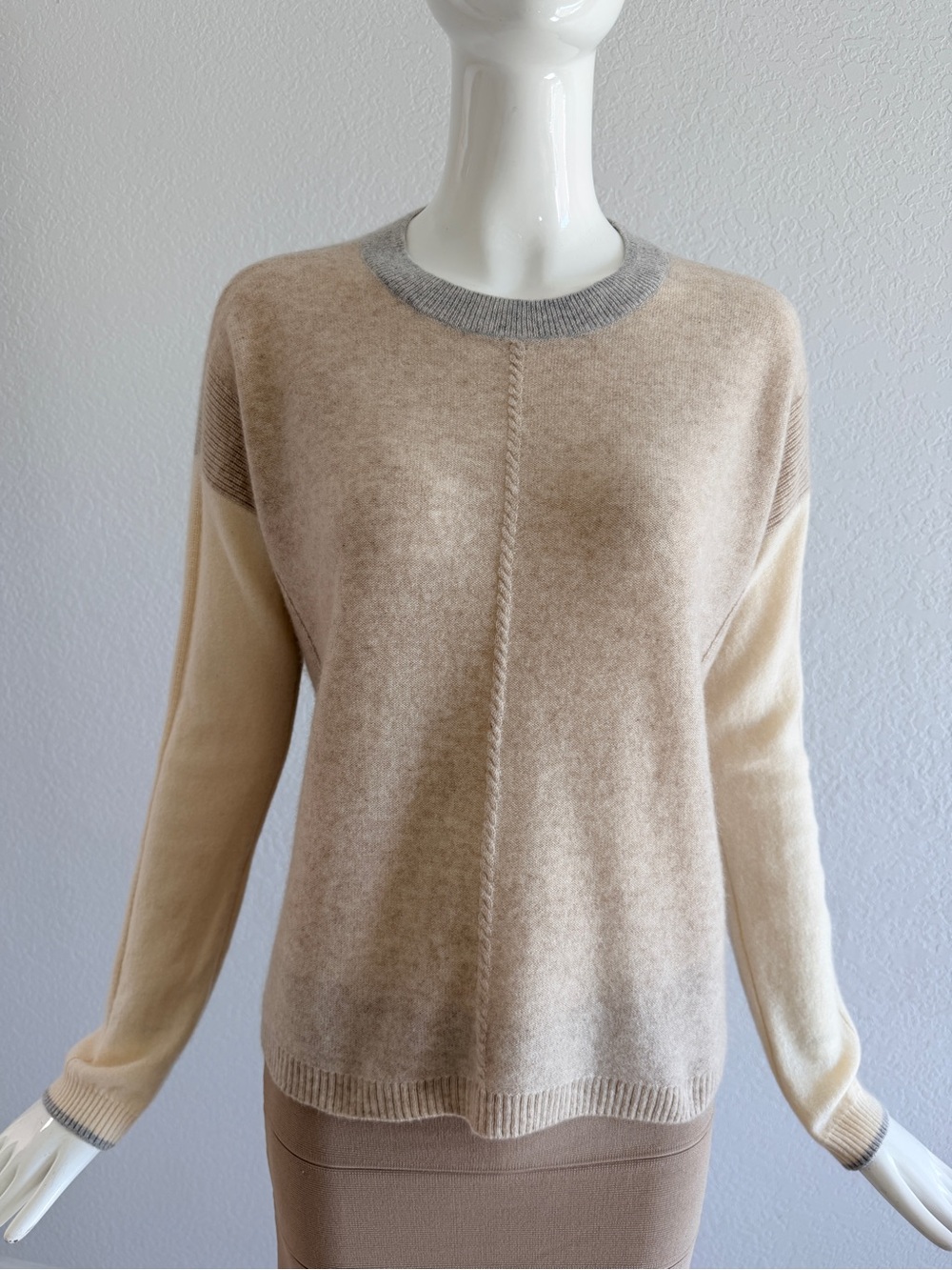 Splendid Cream-to-Taupe Crewneck Sweater with Gray Trim